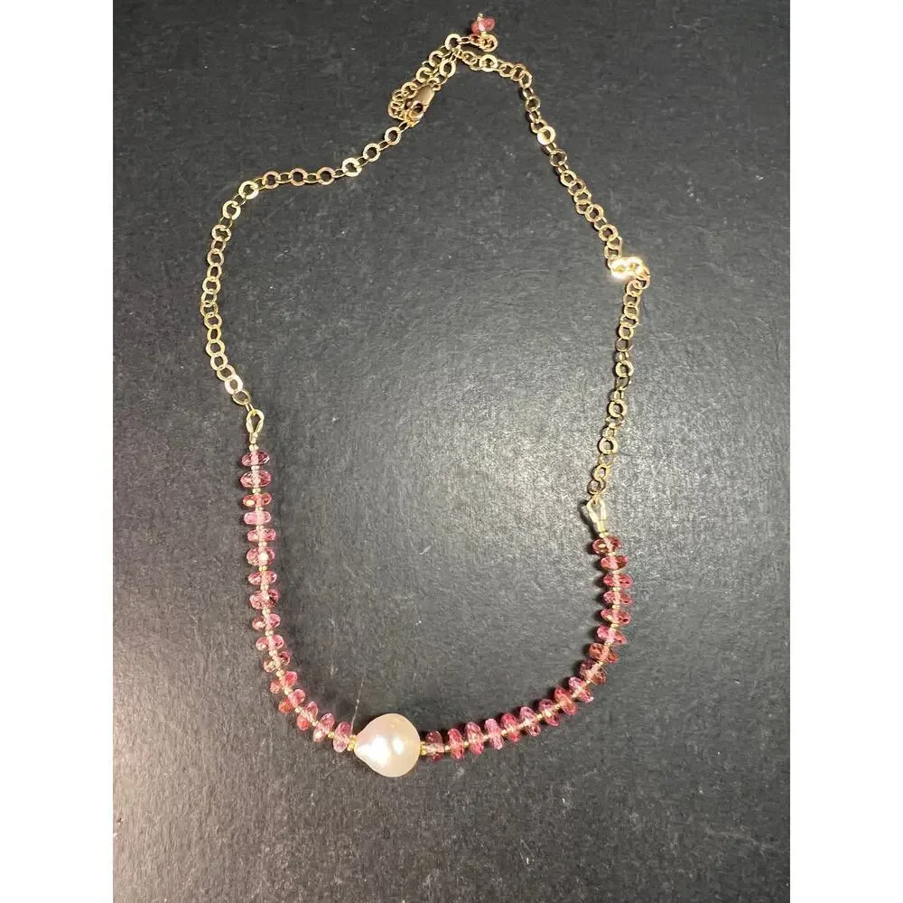 Gold Filled Necklace with Baroque Pearl and Pink Faceted Gemstone Beads